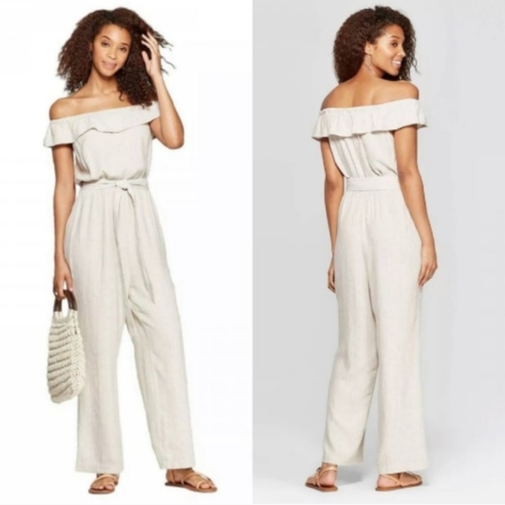 Universal‎ Thread Women's Natural Stripe Off the Shoulder Linen Blend Jumpsuit